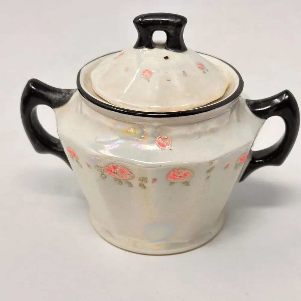 Vintage Victoria Czechoslovakia Lusterware Sugar Bowl and Creamer Black Trim
